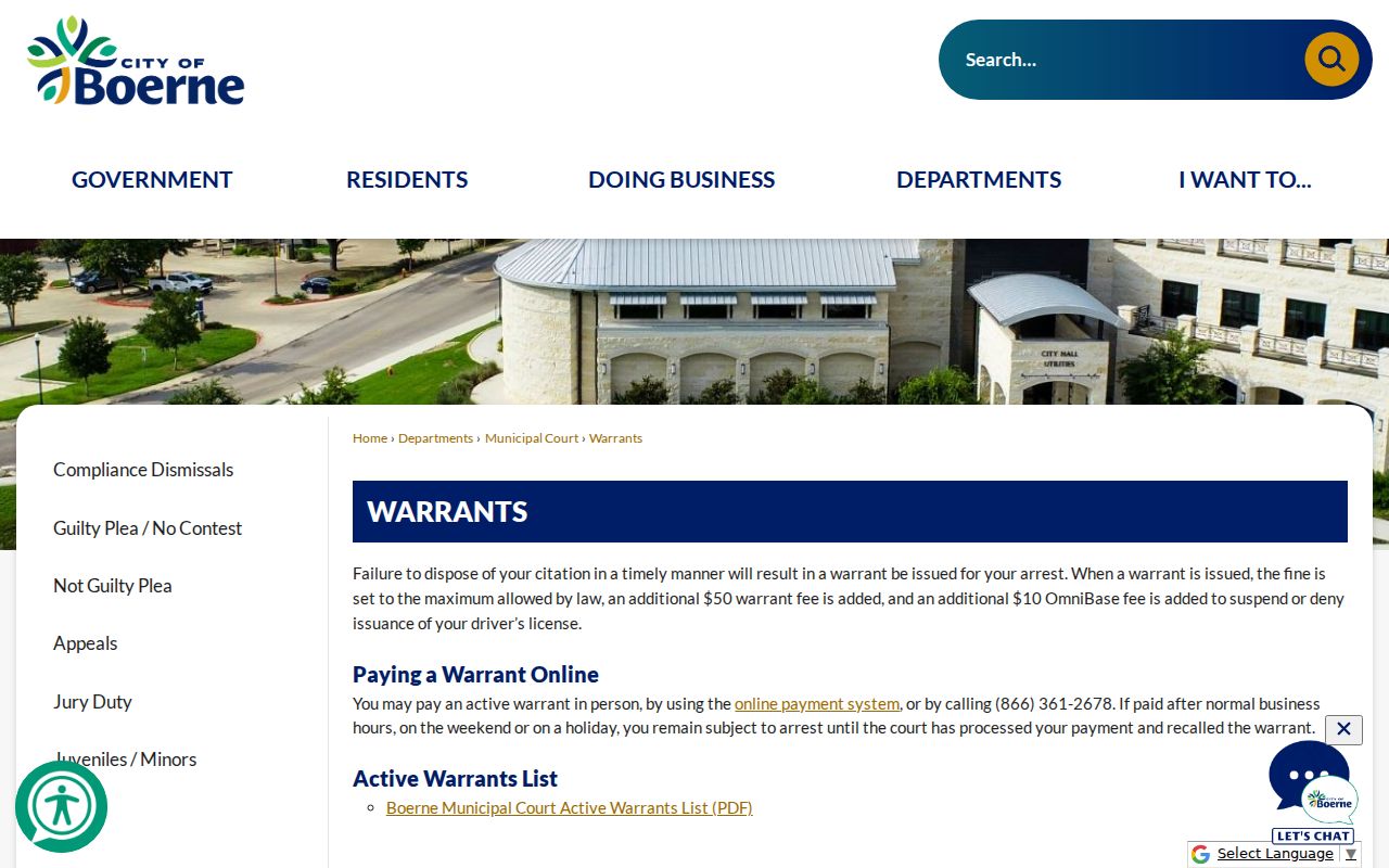 Boerne Municipal Court warrant fees and payment instructions