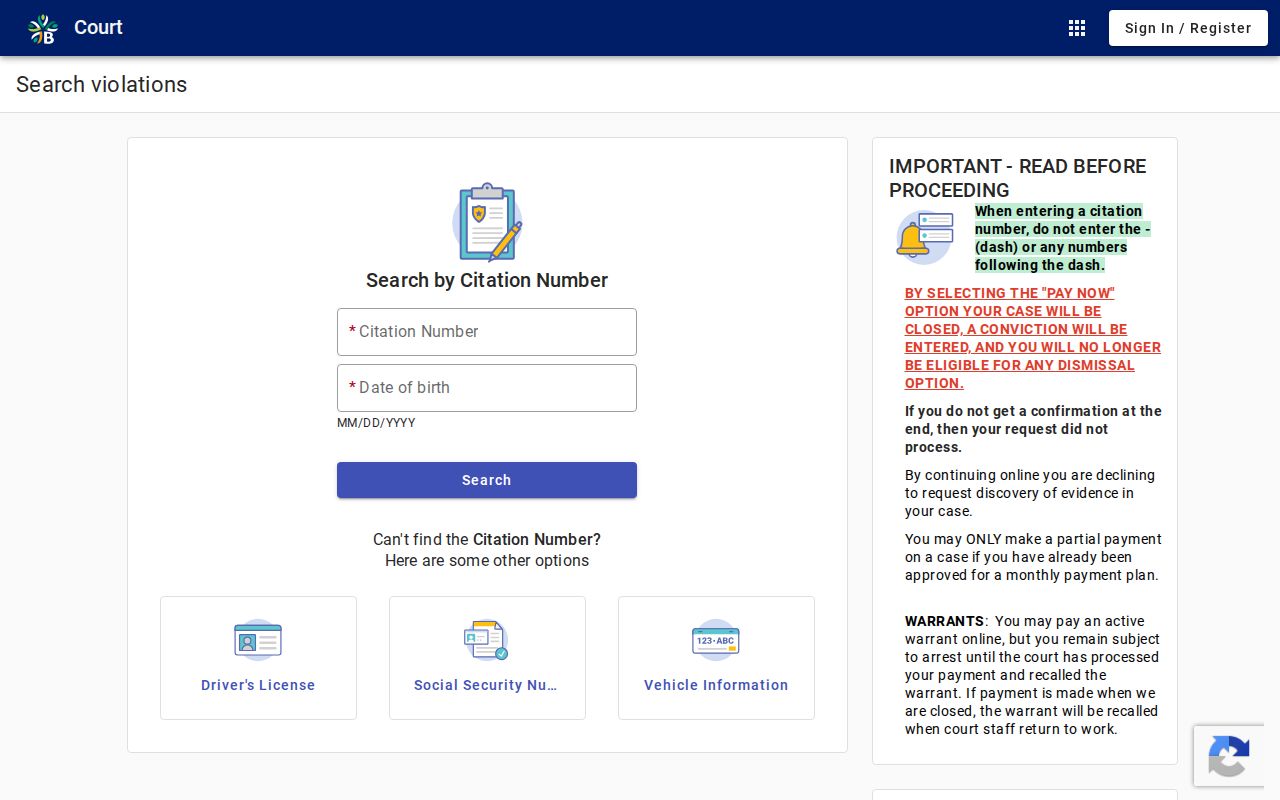 Boerne Municipal Court citation search fields and payment notices