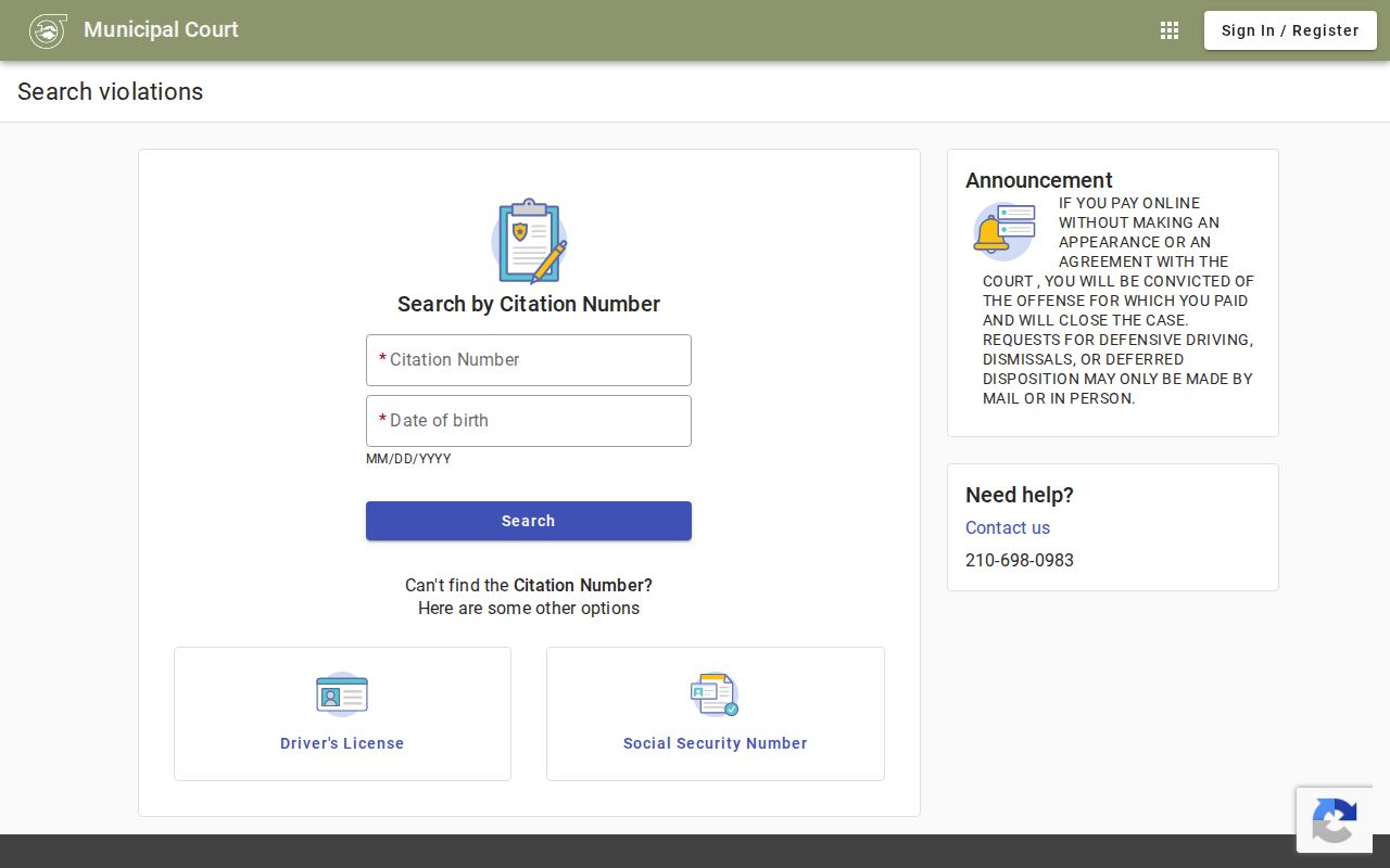 Fair Oaks Ranch Municipal Court citation and payment search interface