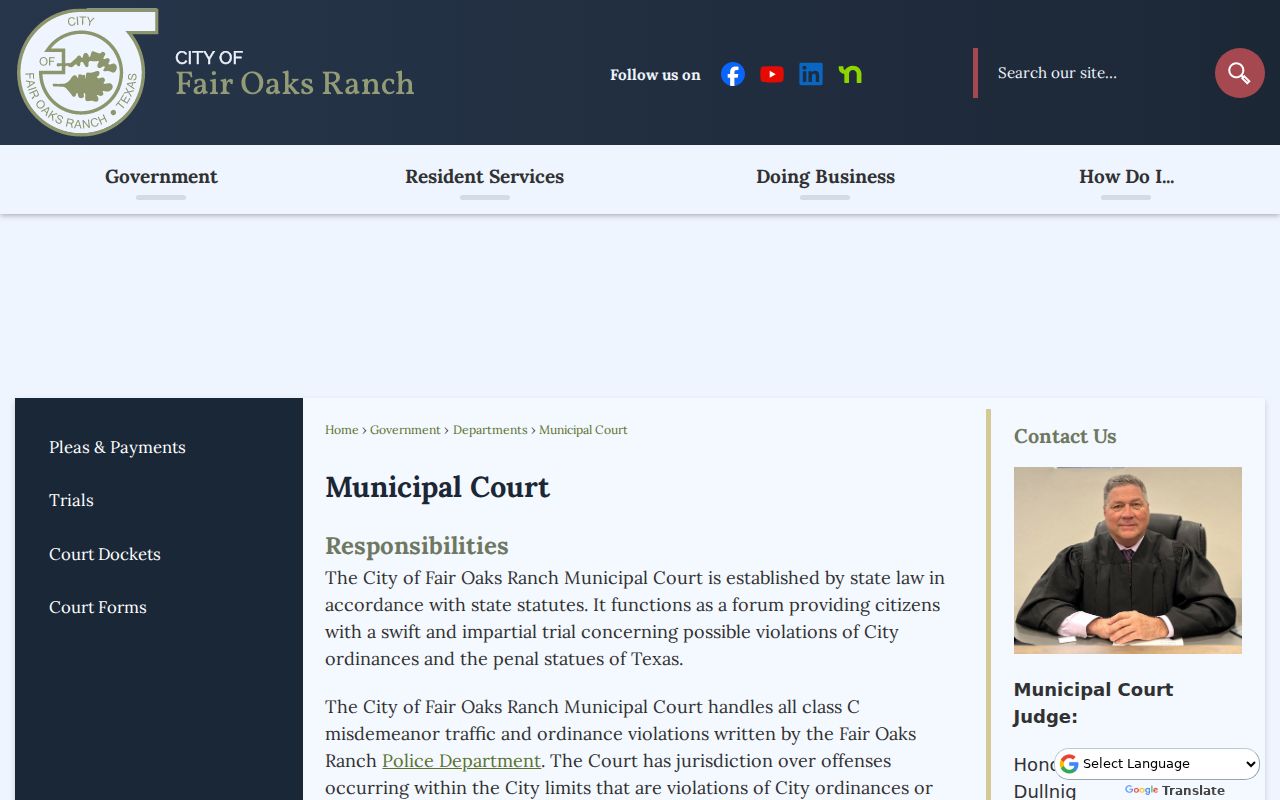 Fair Oaks Ranch Municipal Court jurisdiction, rules, and contact panel