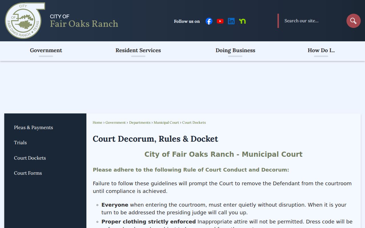 Fair Oaks Ranch court docket, public stream, and courtroom decorum information