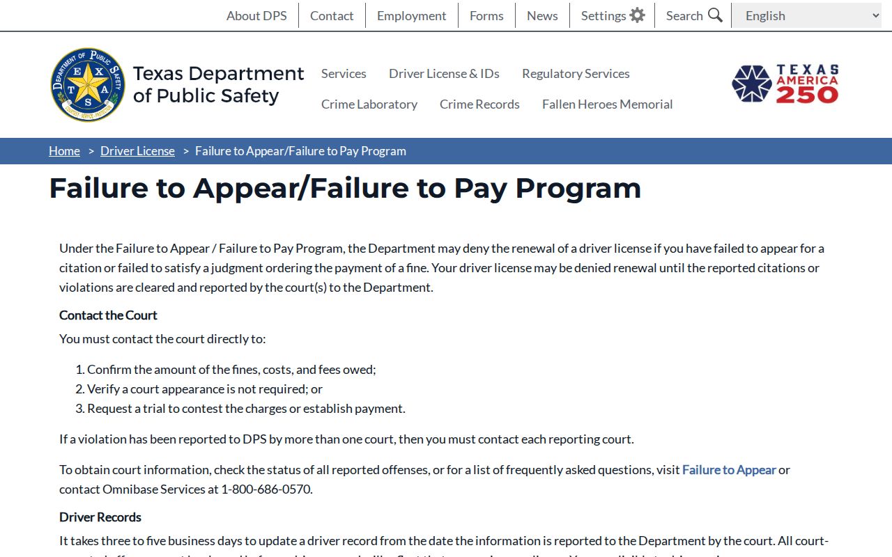 Texas DPS Failure to Appear and Failure to Pay program instructions