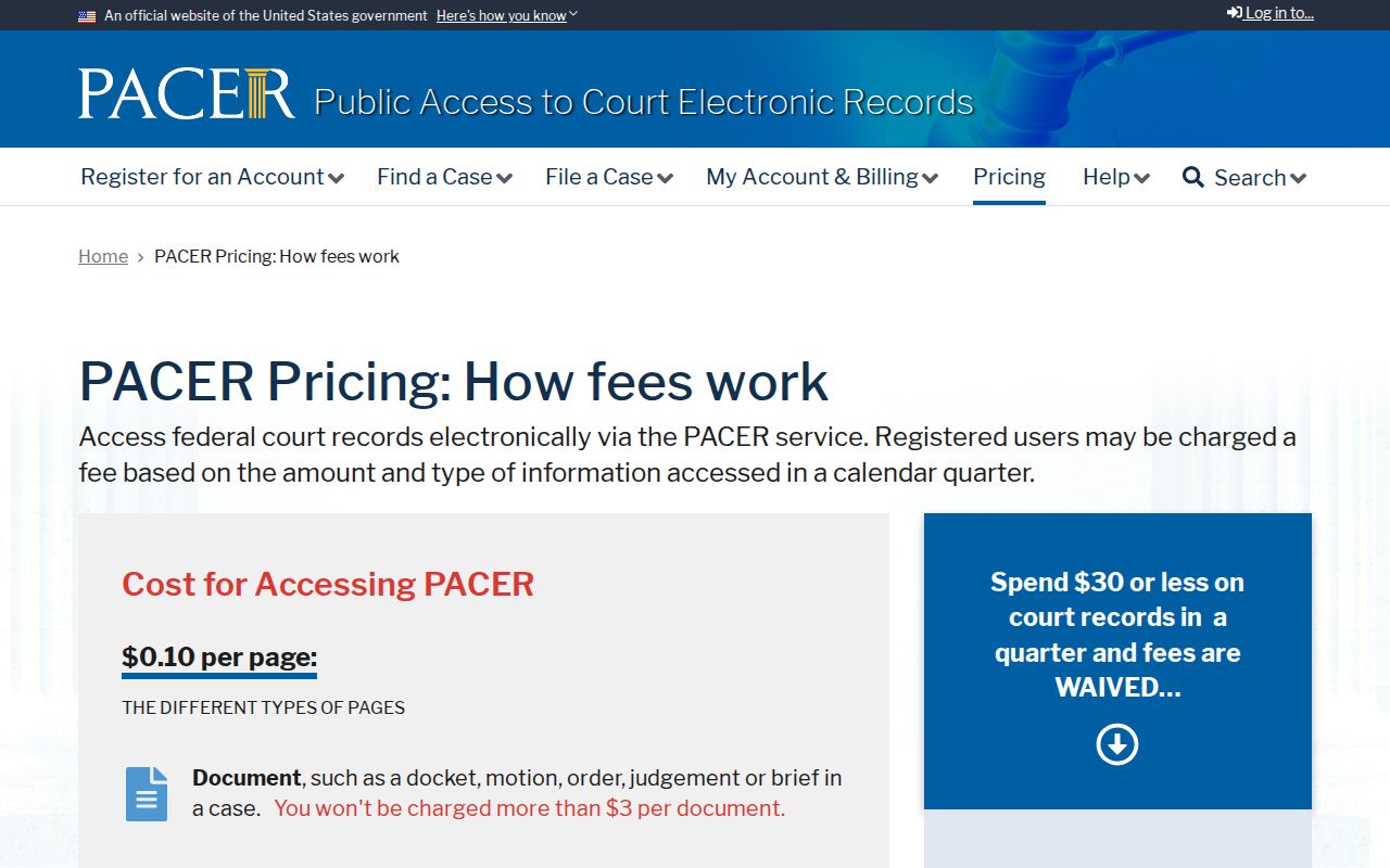 PACER official pricing and fee information